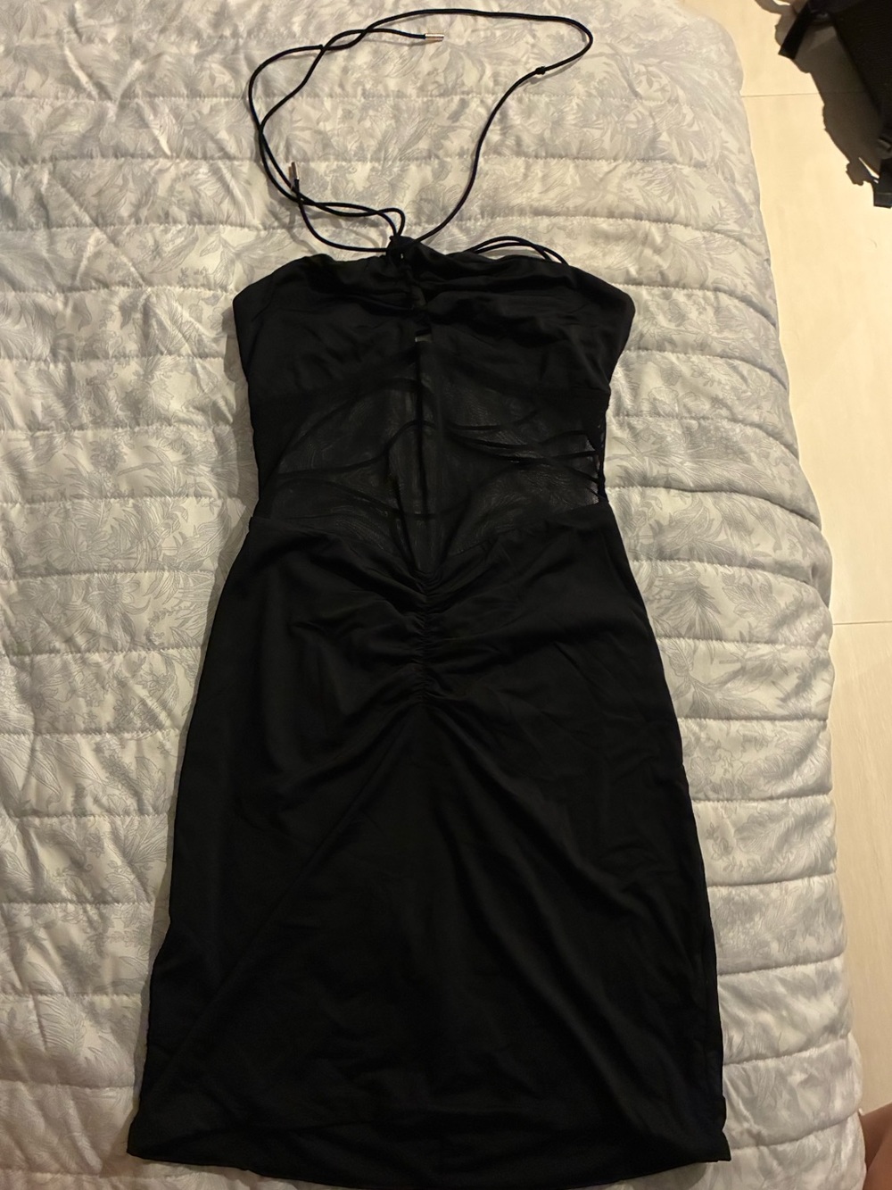 Tiger Mist Black Strapless Ruched Mesh Bodycon Dress